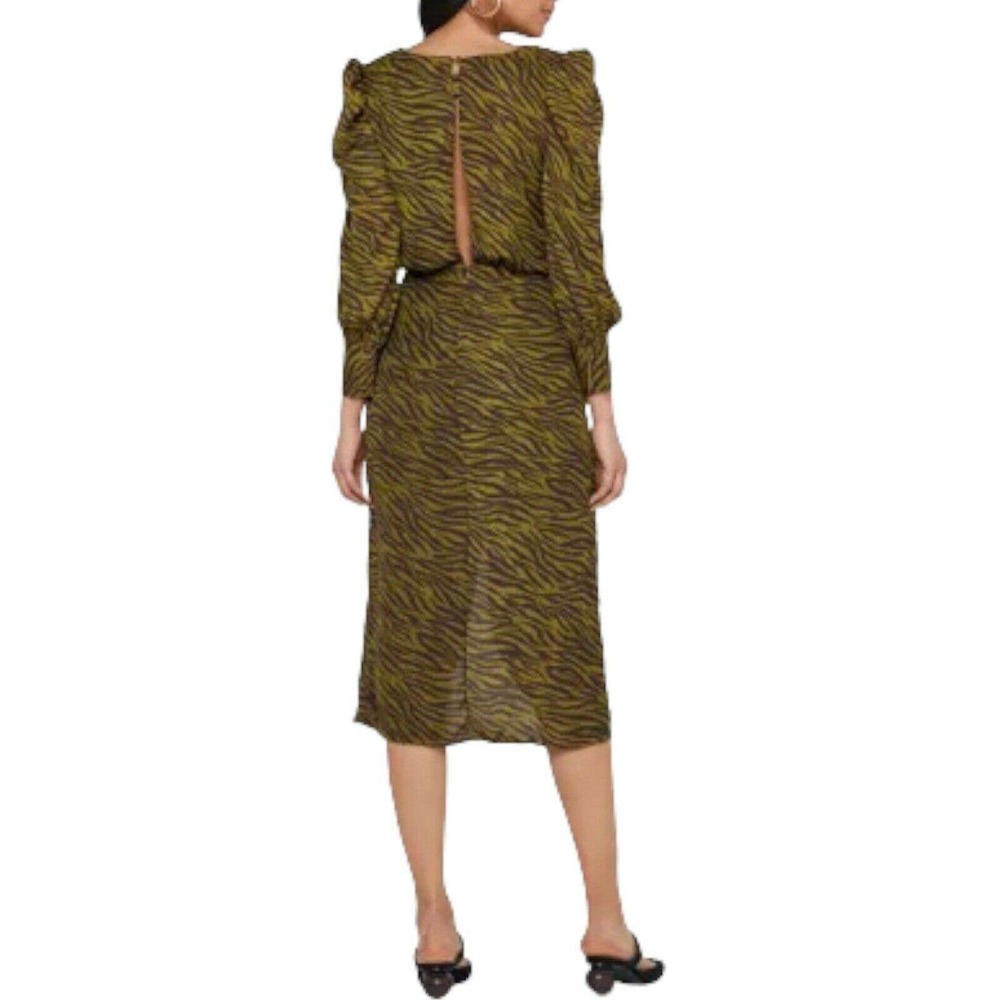 Moon River Anthropologie Tiger Animal Stripe Ruched Green Midi Size M Estimated - Picture 3 of 12
